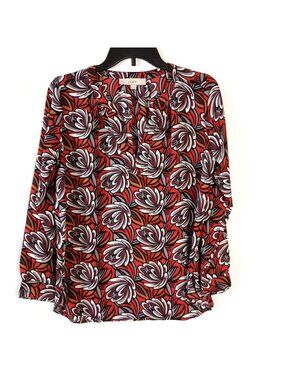 Ann Taylor Loft Petite Red Black Floral Blouse Long Sleeve Womens Small SP